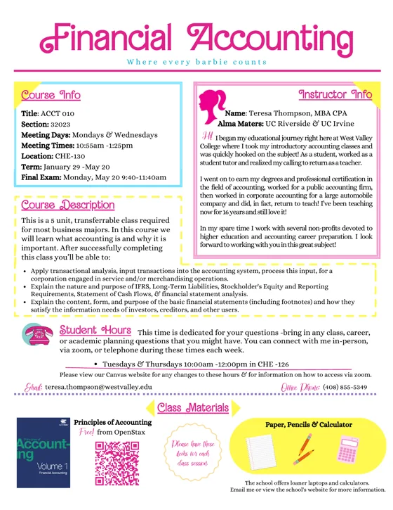 First page of Barbie-themed Financial Accounting syllabus