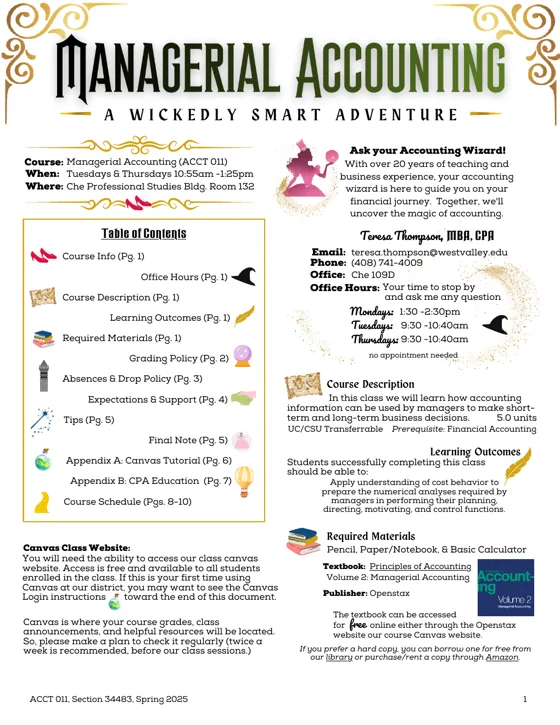 First page of Wicked-themed Managerial Accounting syllabus